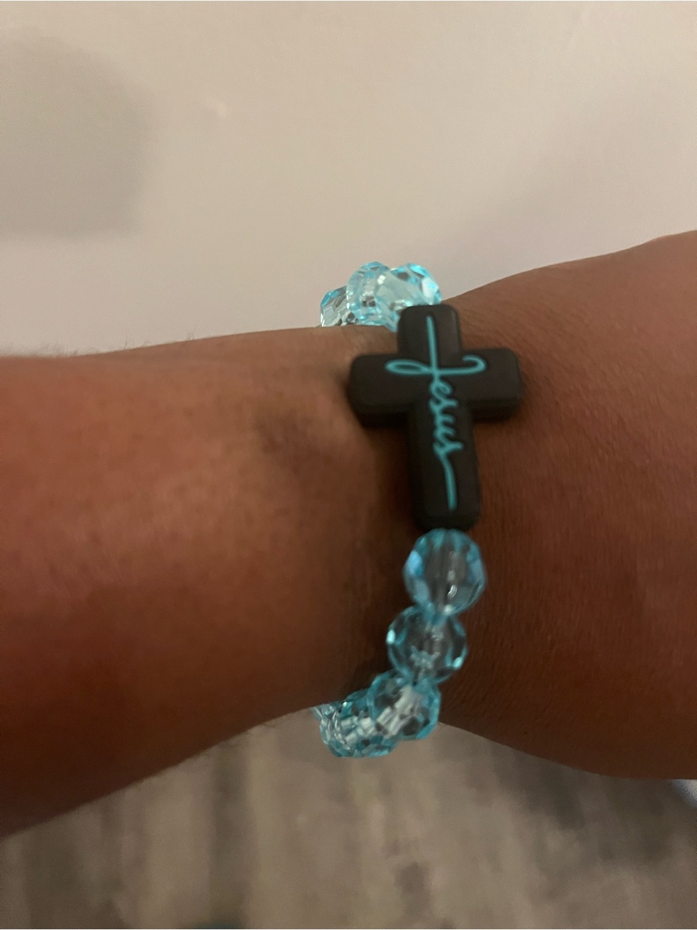 Blue Beaded Cross Bracelet with 'Jesus' Script